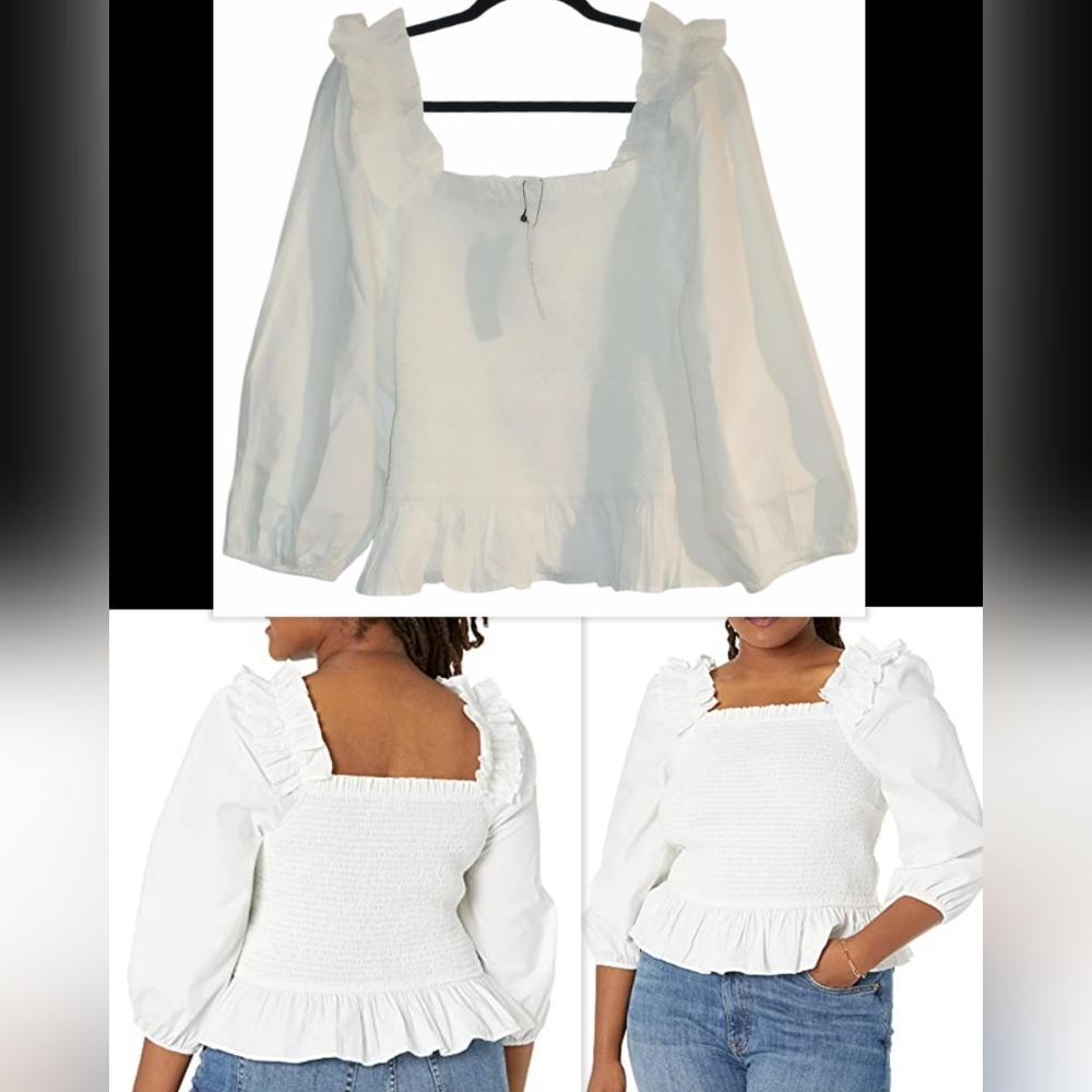 White Ruffled Peplum Blouse with Smocked Waist